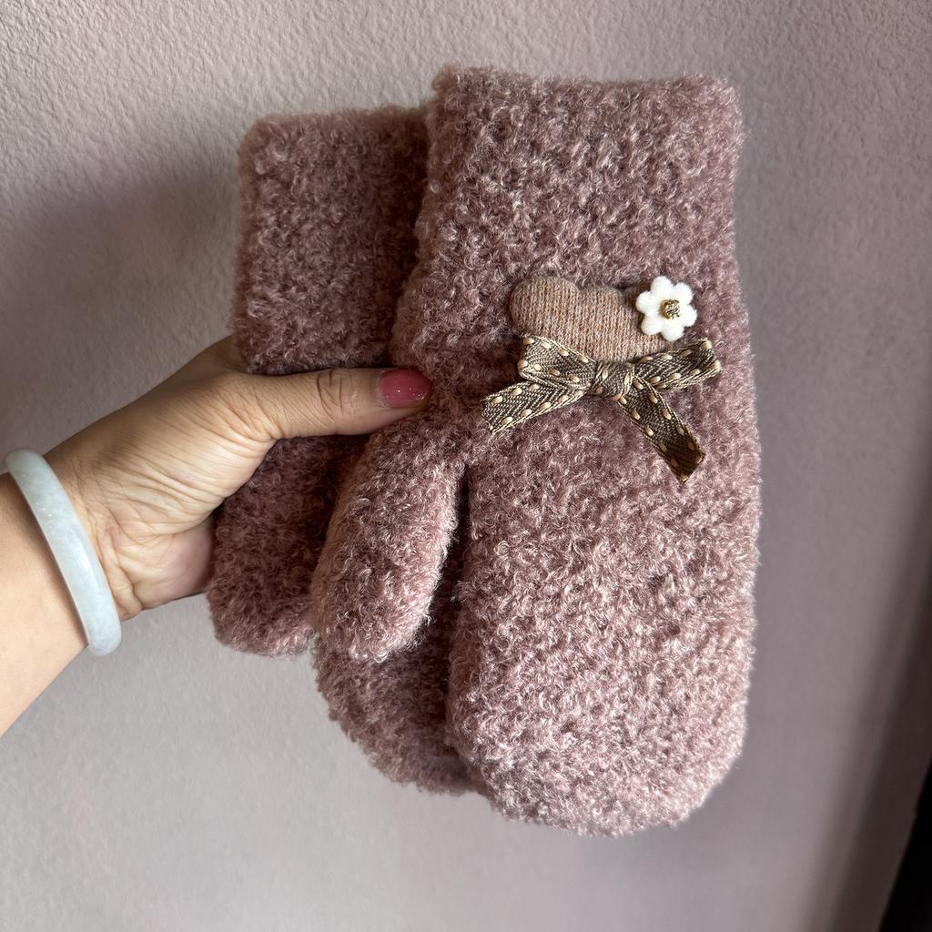 Cute Plush Mittens Fashion Winter Warm Full Fingers Gloves Sweety Bow Women Outdoor Thicken Knitted Windproof Gloves Girls Gift