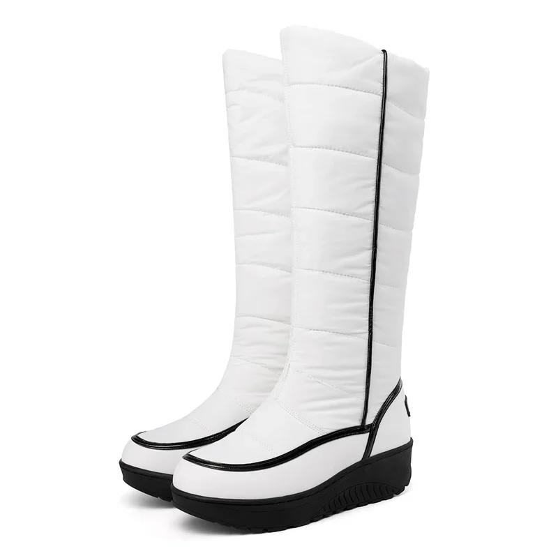 White Winter Warm Fur Knee High Snow Boots Women Red Black Striped PU Waterproof Down Party Lady Wedge Heels Platform Long Boots
