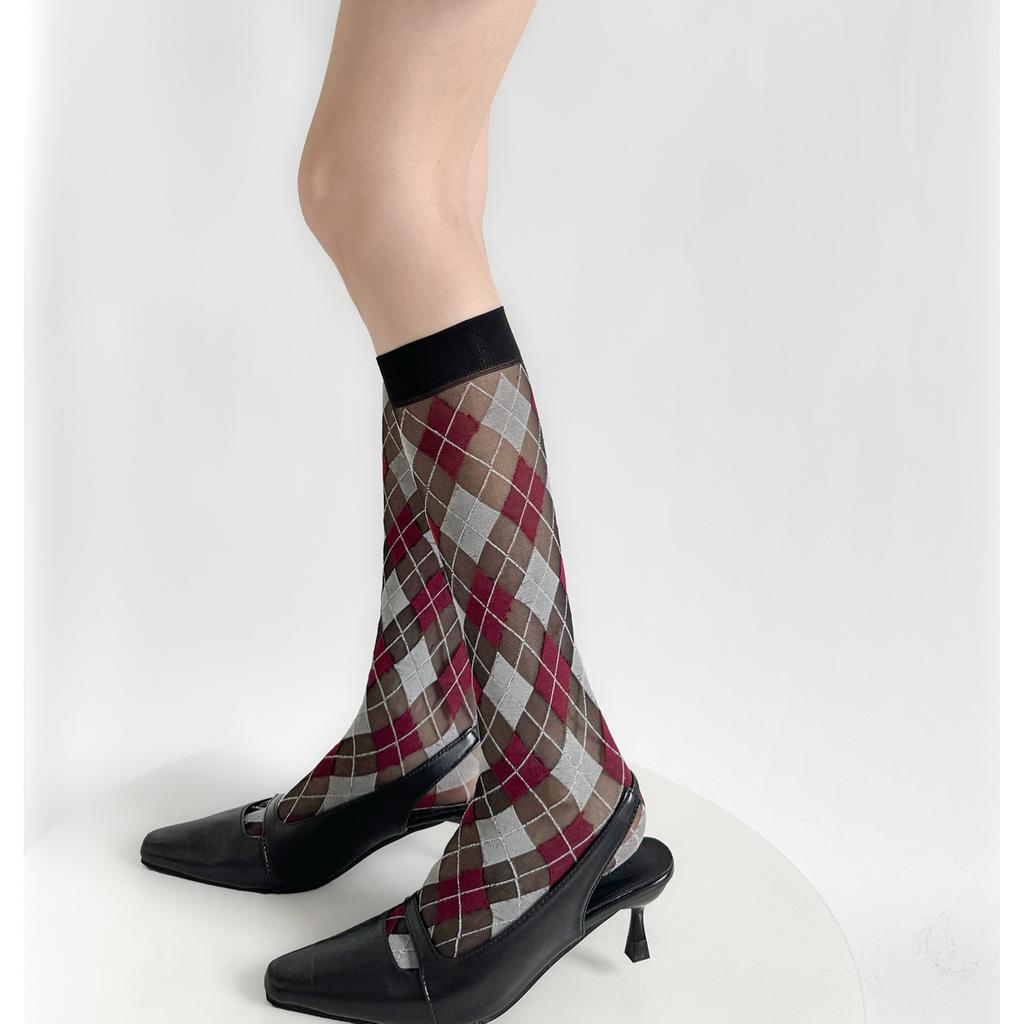 Chaussettes Longues à Carreaux Style Collège pour Femmes Bas Velours Fins Respirants JK Femmes Filles Mode Japonaise Chaussettes Longues Vintage