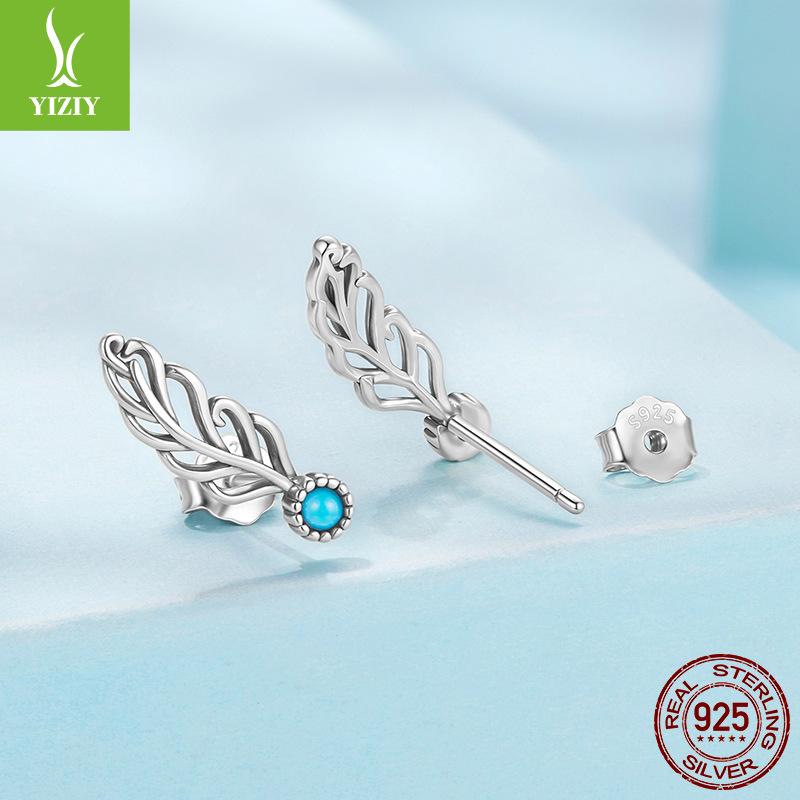 Elegant Retro Turquoise Feather Stud Earrings For Women, Charm Temperament S925 Sterling Silver Wing Earrings