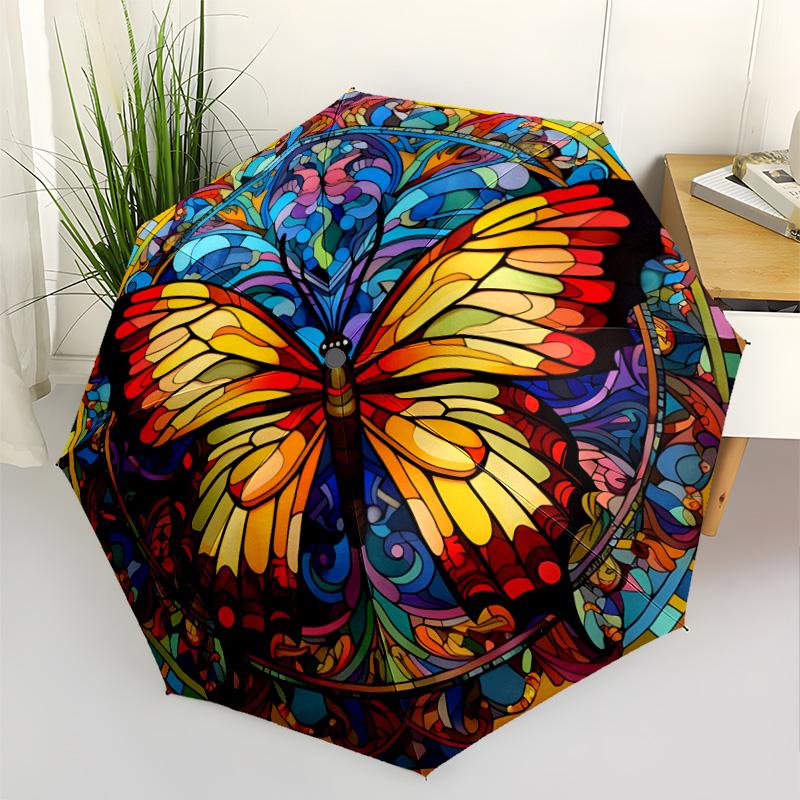 Colorful Butterfly Glass Portable Automatic Umbrella Sturdy 8-Rib Shaft Durable Plastic & Iron All-Season Travel Fashion Lovers Spiritual Gift