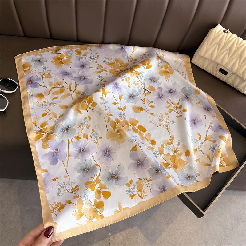 New Floral Print Design Shawl Square Scarf For Women Soft Satin Wraps Neckerchief Female Hair Bands Ribbon Headband Bandana