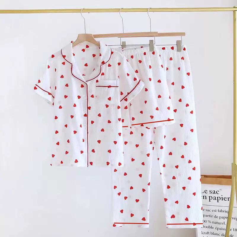 Women's Love Heart Pajama Set: Short Sleeve, Long Pants, 3-Piece Cloud Cotton for Indoors & Outdoors - Spring & Autumn