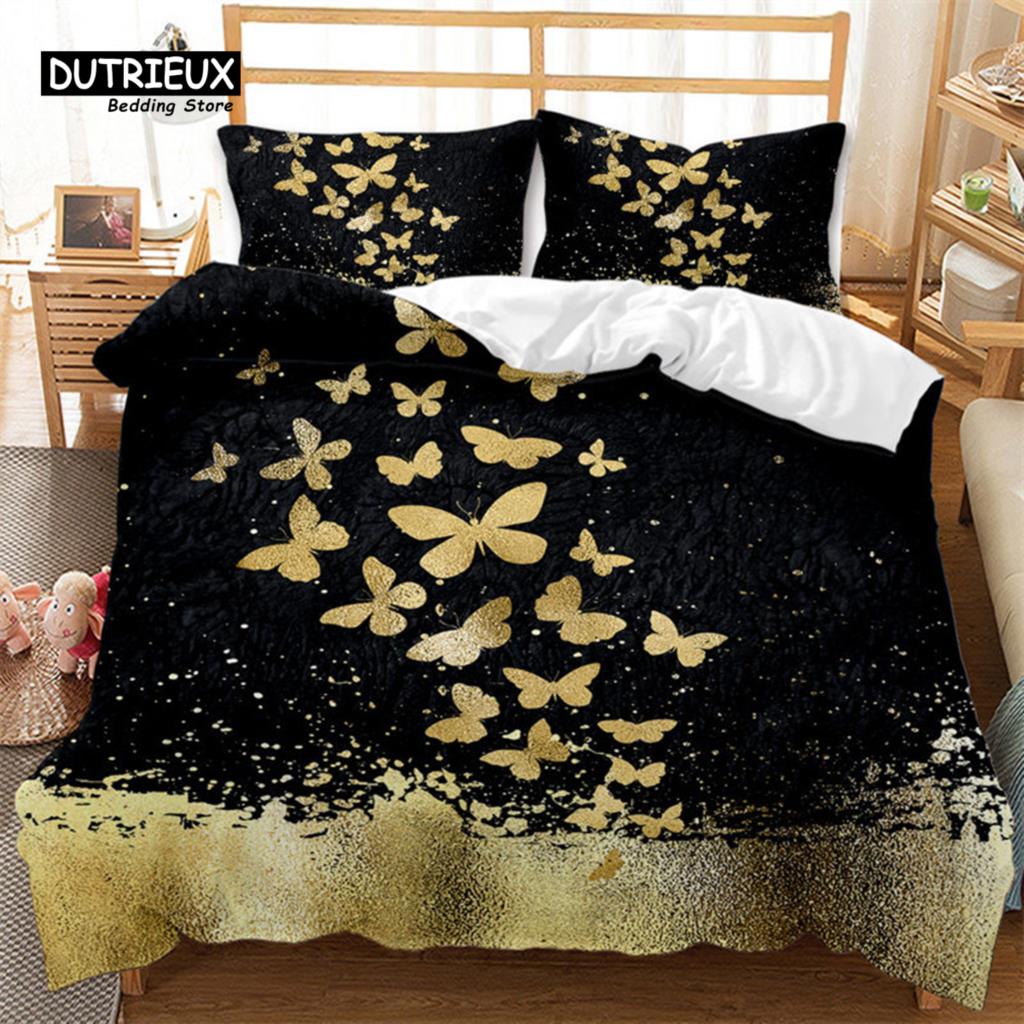 Comforter Golden Butterfly And Floral Bedding Set Queen Print Black For Kids Girls Boys Adults Bedroom Decor