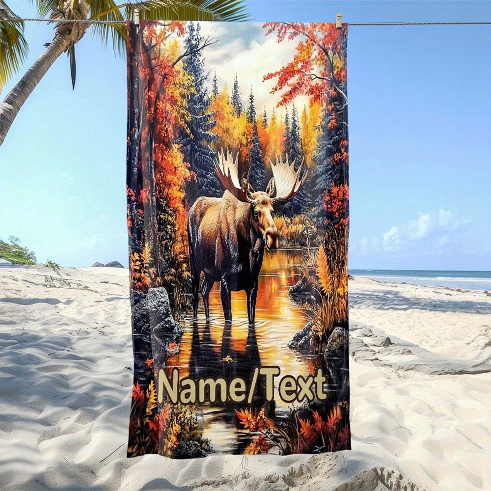 1pc Custom Autumn Moose Wilderness Beach Towel, Personalized Name Super Soft Quick Dry Bath Towel for Vacation Beach Pool