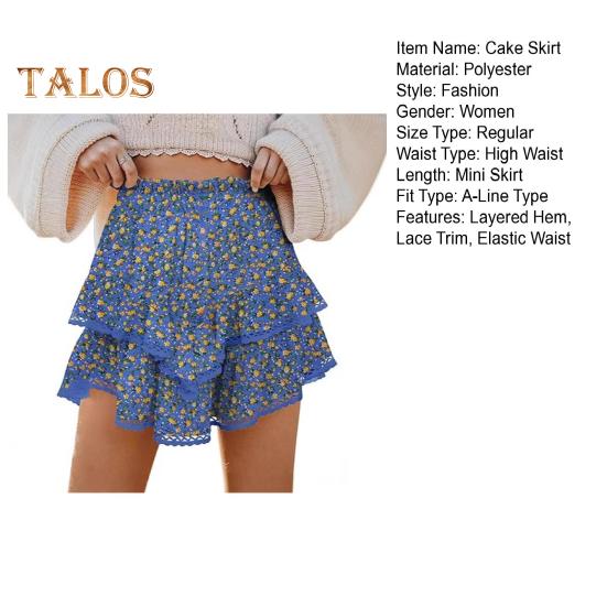 Women Cake Skirt High Waisted Double-Layered Ruffle Bohemian Mini Skirt with Elastic Waistband Lace Hem Skirt