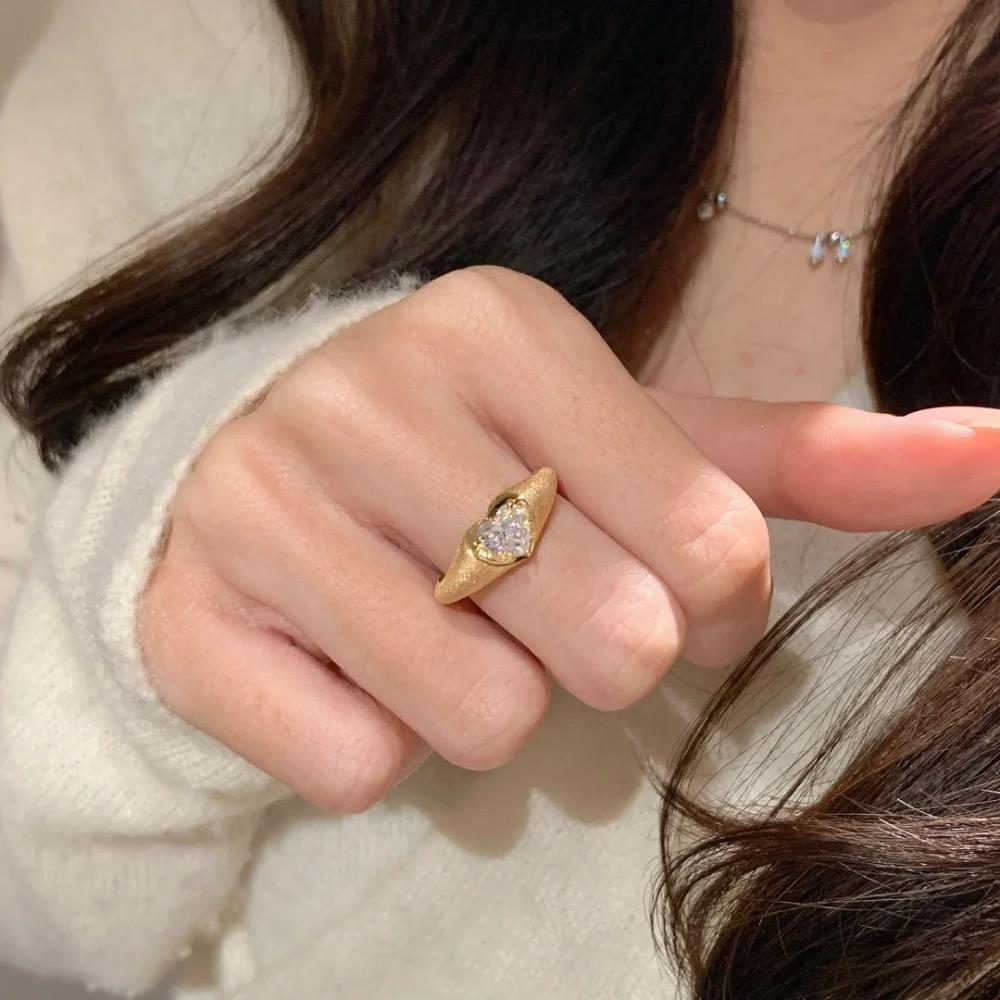 Open Ring French Vintage Gold Brushed Heart Ring with Zircon Elegant Minimalist Daily Wear for Women
