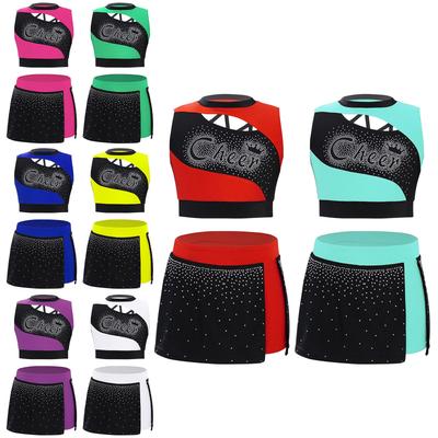 Tween Girls Cheerleading Outfit: Rhinestone Sleeveless Top with Side Cutout & High Slit Short Skirt 2 Piece Set for Performance, Cosplay, Theme Party