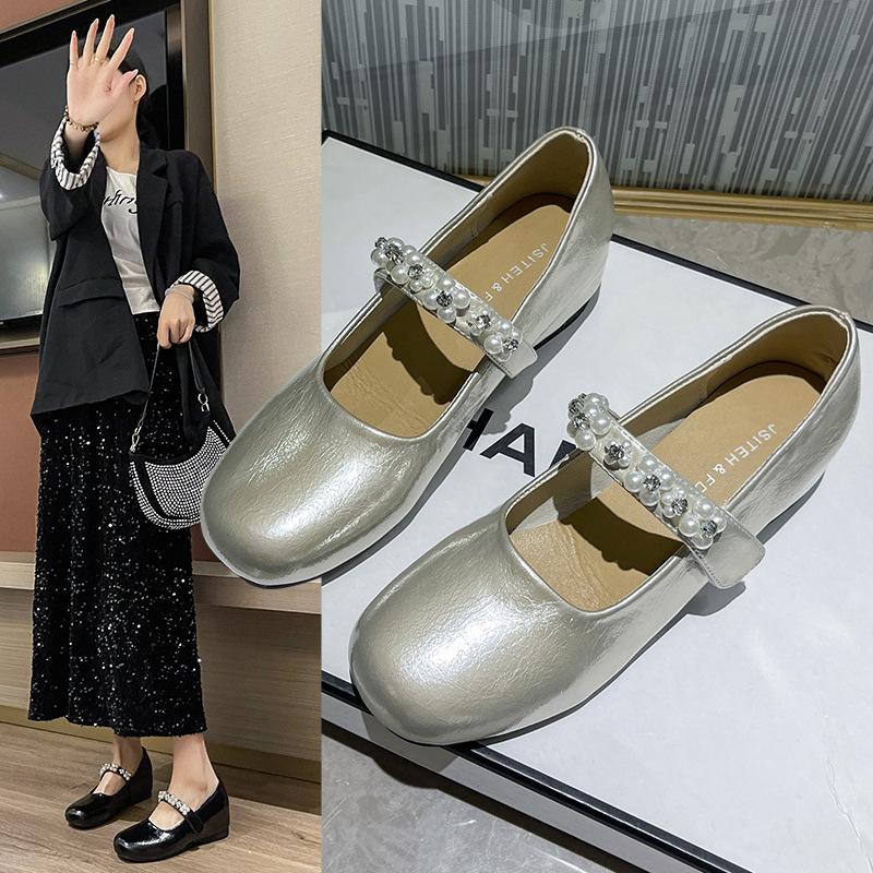Square Head Silver Mary Jane Shoes Women's Summer Skirt Temperament Versatile Small Leather Shoes Flat Bottom Shallow Mouth Single Shoes Doudou Shoes