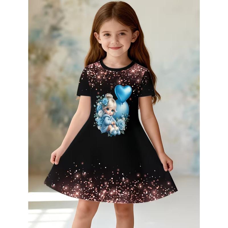 Girls Dresses Vintage Sequin Print Summer Short Sleeve Dress Children's Birthday Gift Toddler Costume Elegant Frocks