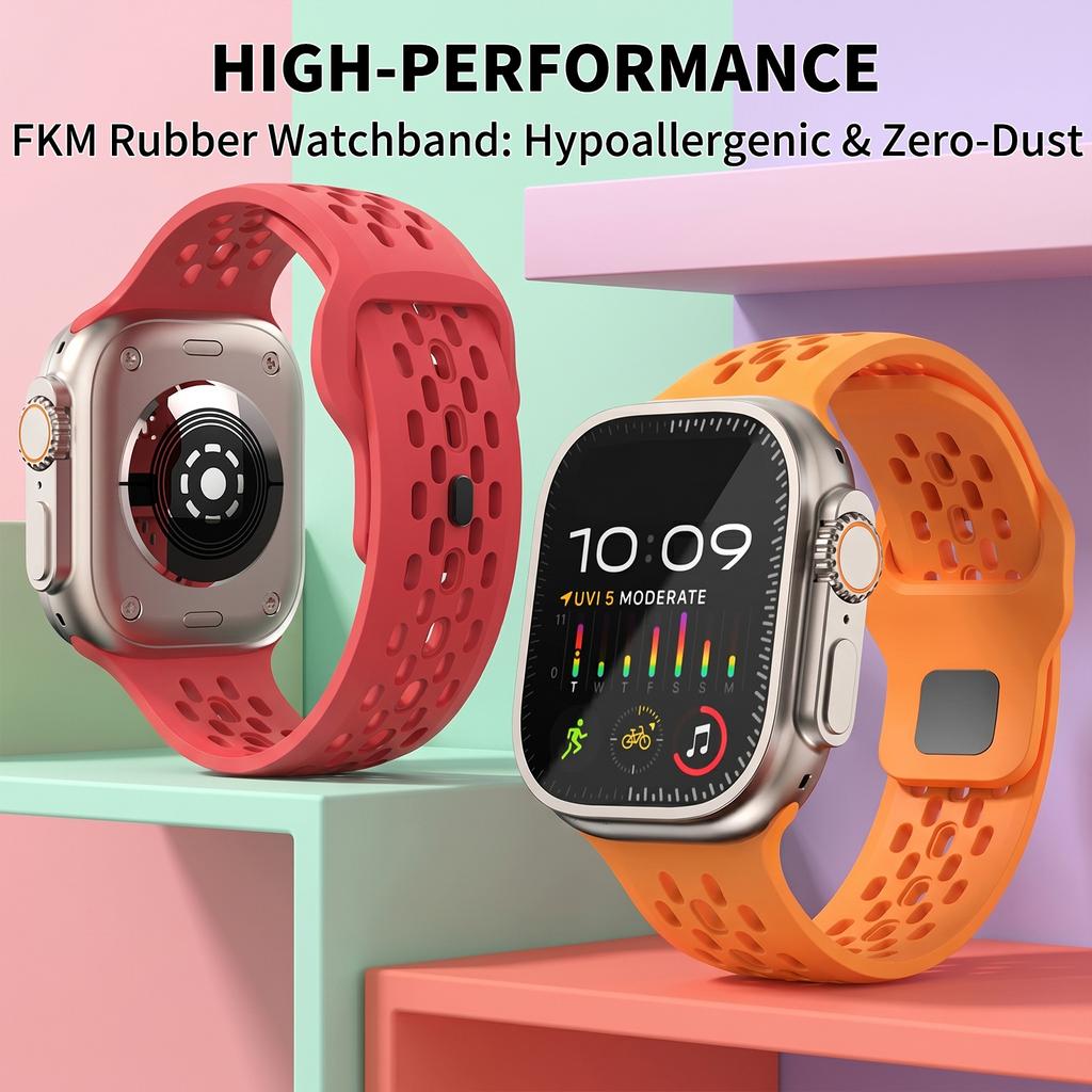 Hypoallergenic FKM Rubber Strap Premium Airflow Band for Apple Watch Ultra 3 2 49mm Sports Bands for Series 11 10 9 8 7 6 5 & SE