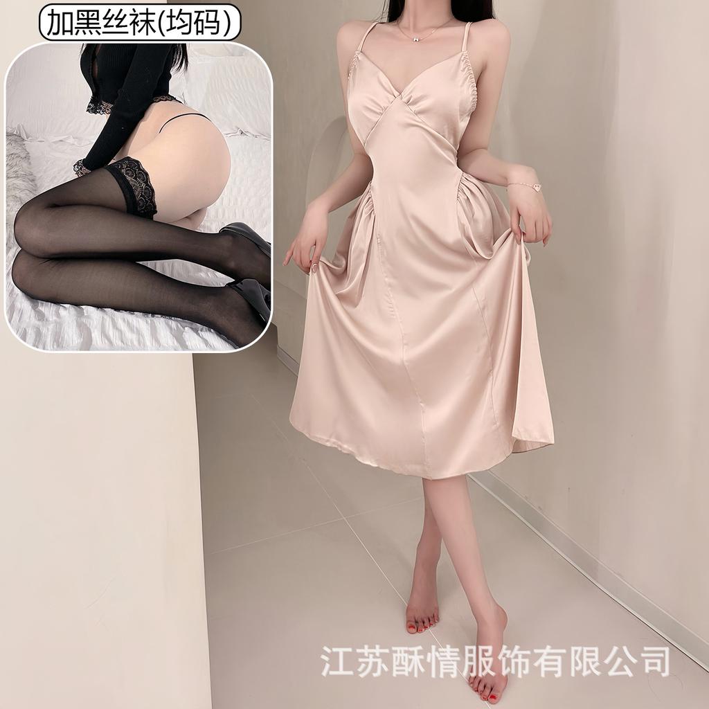 Crispy sexy suspender long hollow backless strap solid color low neck temptation casual nightdress home set