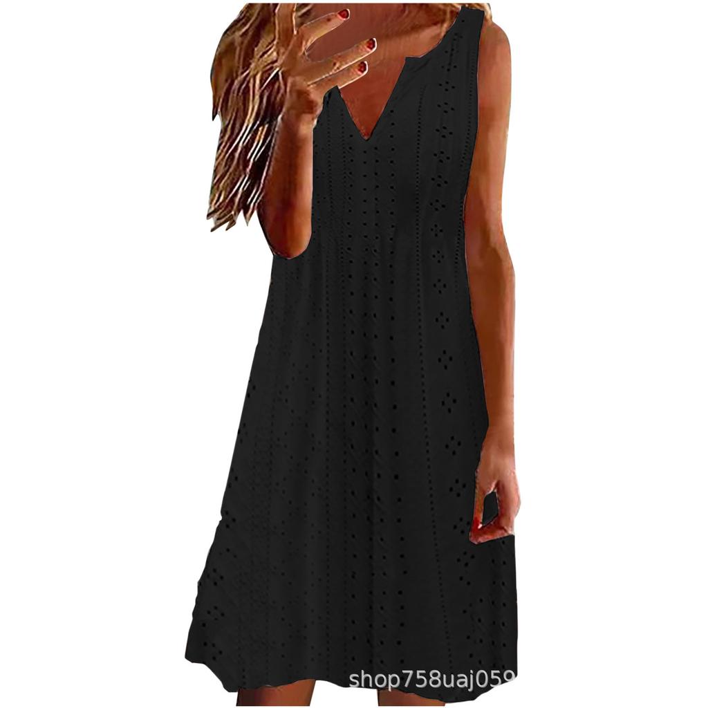 Women's Sleeveless Midi Dress V Neck Mid Rise Elegant Commuter Style Hollow Embroidery A Line Dress Plus Size Casual Dress