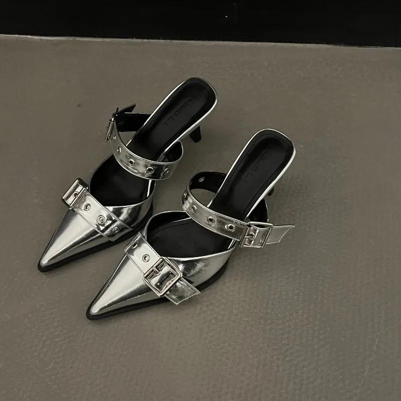 Women's Summer New Simple Solid Color Shallow Slip-On Sandals PU Waterproof Outdoor Casual Party Dress Women's High Heels