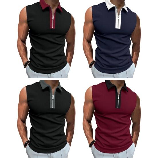 Men Summer Shirt Turn-down Collar Zipper Sleeveless Solid Color Patch Pocket Breathable Pullover Slim Fit Mid Length Casual Daily Top