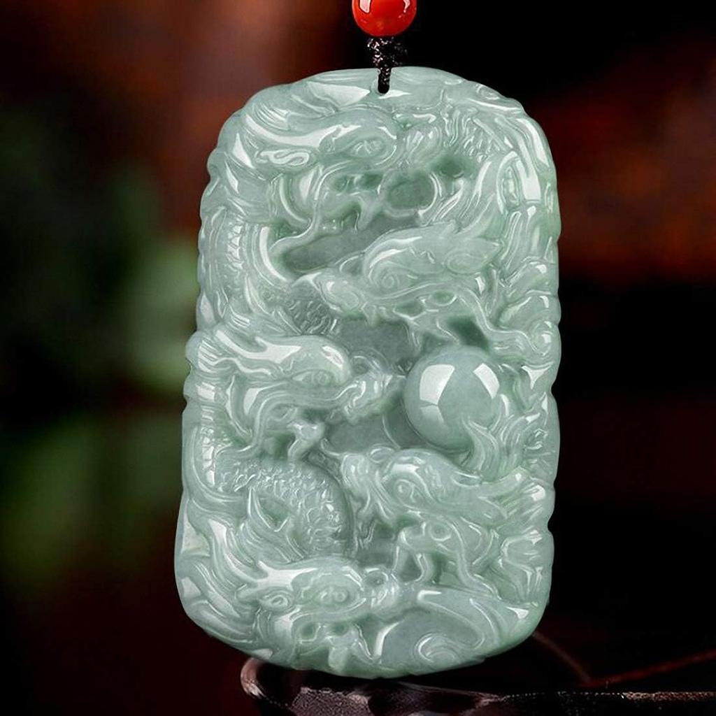 Natural Green Jade A-Grade Jadeite Carved 9 Royal Dragon Pendant Amulet