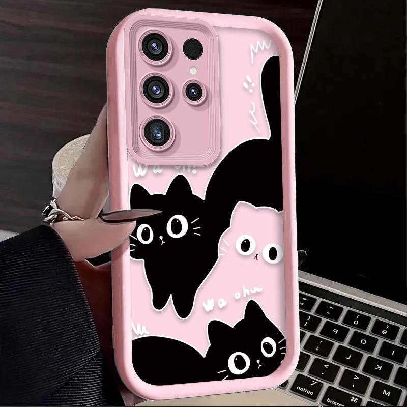 Cute Big Eyed Black Cat Phone Case for Samsung Galaxy S24 S25 S23 Ultra S22 S21 Plus FE A36 A56 A26 A16 A06 A15 A25 A35 A55 5G