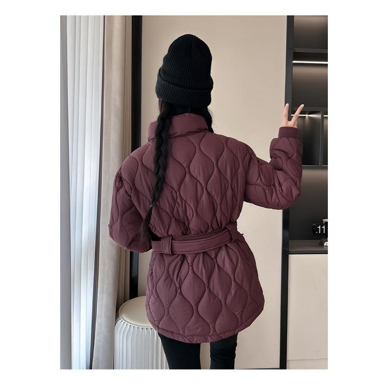 Winter Warm Quilted Down Cotton Coat Women Thickened Slim Fit Waist Belted Fashion Jacket