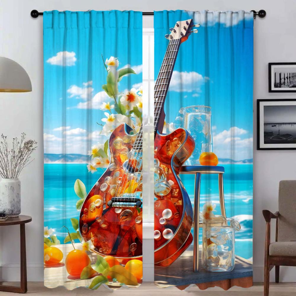 Guitar and Flowers Window Curtain for Room 2 Panel Shades Tulle for Bedroom Partition Halloween Decoration Kitchen Curtains Home