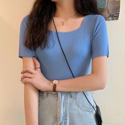 Women's Summer Square Neck Short Sleeve Solid Color All Match Pullover Knit Sweater