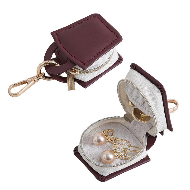 Portable Square Jewelry Pouch Mini Travel Box Anti-Scratch PU Leather Zipper Closure Keychain Compact Organizer Rings Earrings