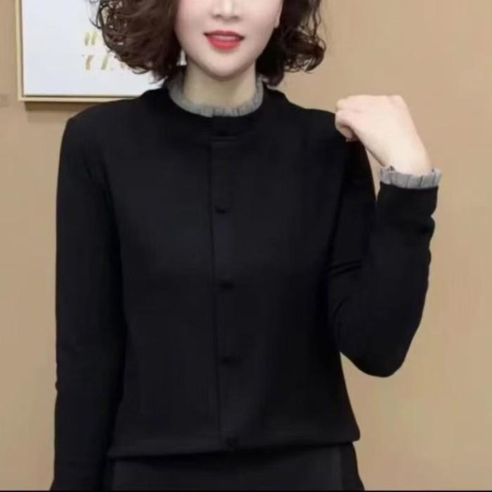 Mom's Slim Fit Long Sleeve Base Layer In Threaded Velvet - Versatile for Spring, Autumn, and Winter