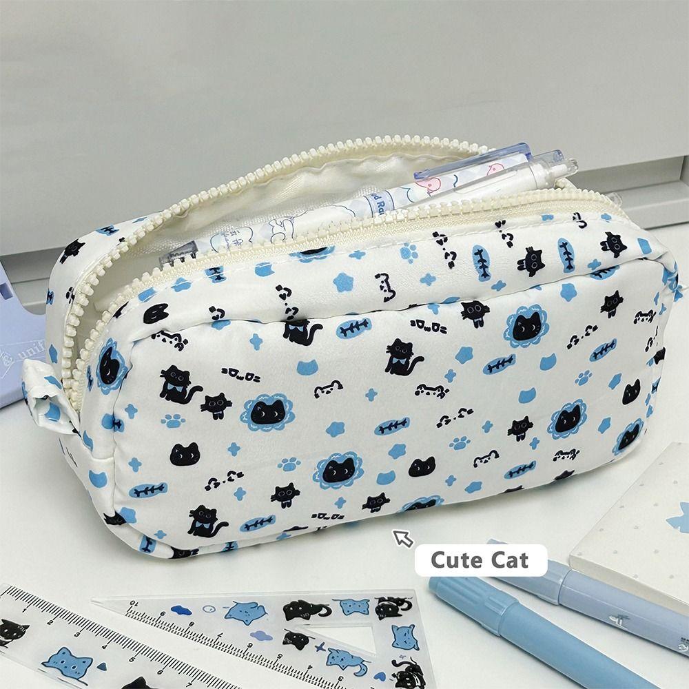 Cute Cartoon Cat Pen Bag Large Capacity Zipper Design Stationery Bag Stationery Organizer Students