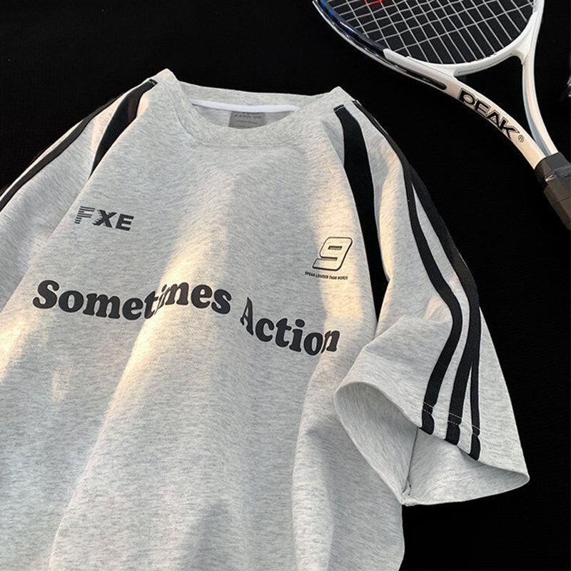 

Men s Summer 2025 American Street Style Color Block Striped T-Shirt M серый/белый