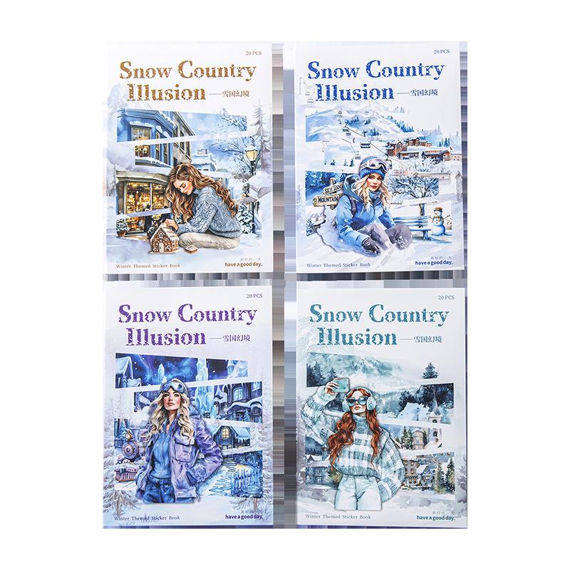 20 Sheets/pack Snow Country Fantasy Series Winter-themed Holiday Decoration Sticker Book Base Collage Materials Self-Adhesive about 100*140mm per sheet