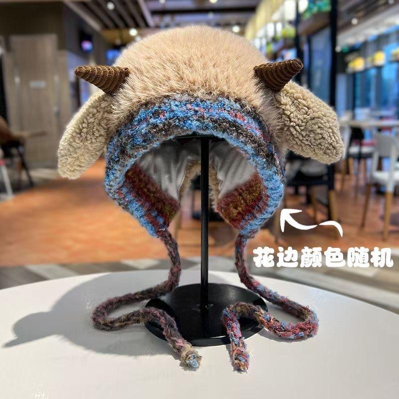 Korean style cute woolen hat for women, warm knitted hat with straps and ear flaps, popular outdoor beanie for autumn and winter.