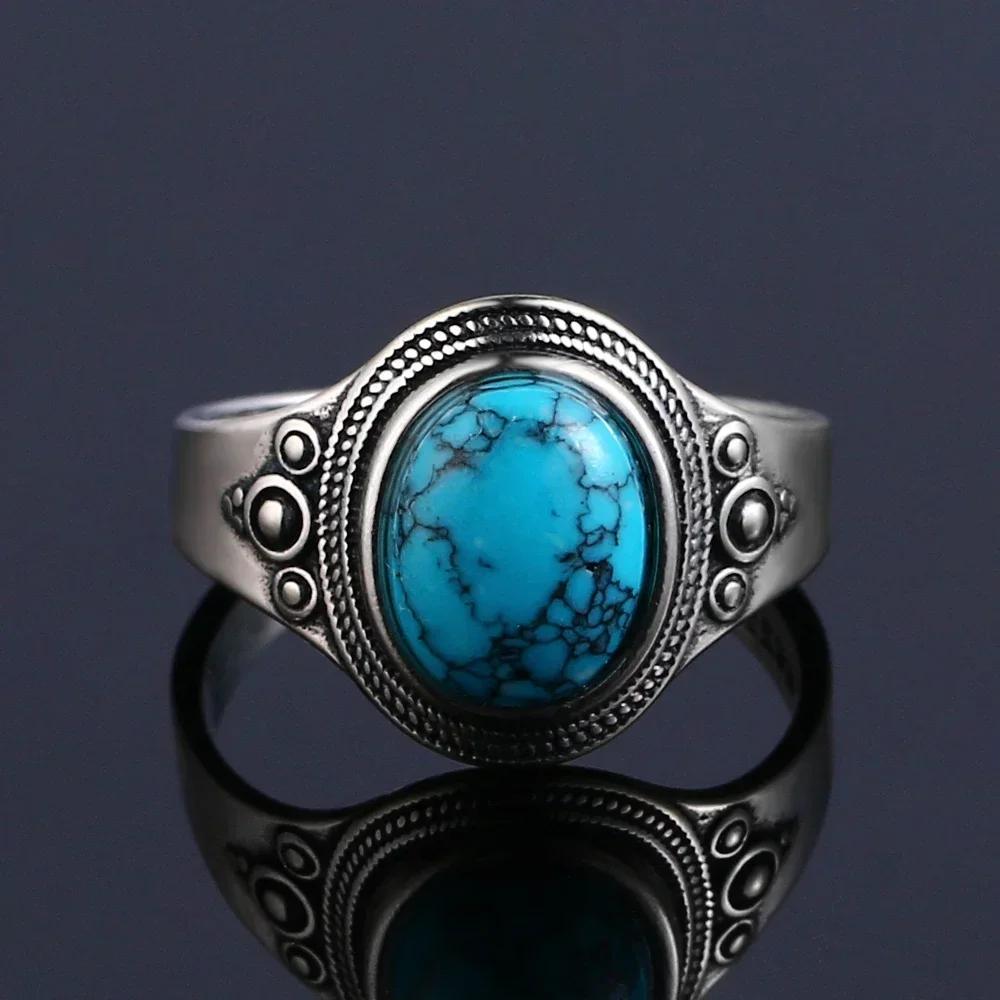 S925 Silver Vintage Ring With Natural Turquoise Stone Rings Oval and Round Shape Flower Carved Rings For Women Men