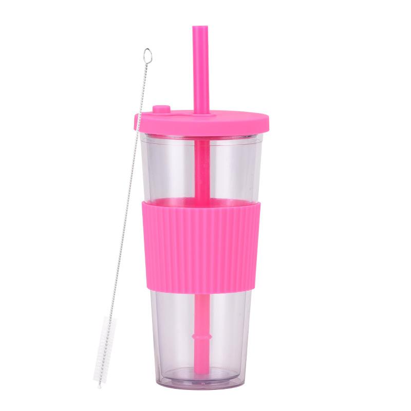 2025 Large Capacity Double Layer Plastic Cup Large Hole Straw Pearl Boba Milk Tea Cup Portable Outdoor Straw Cup