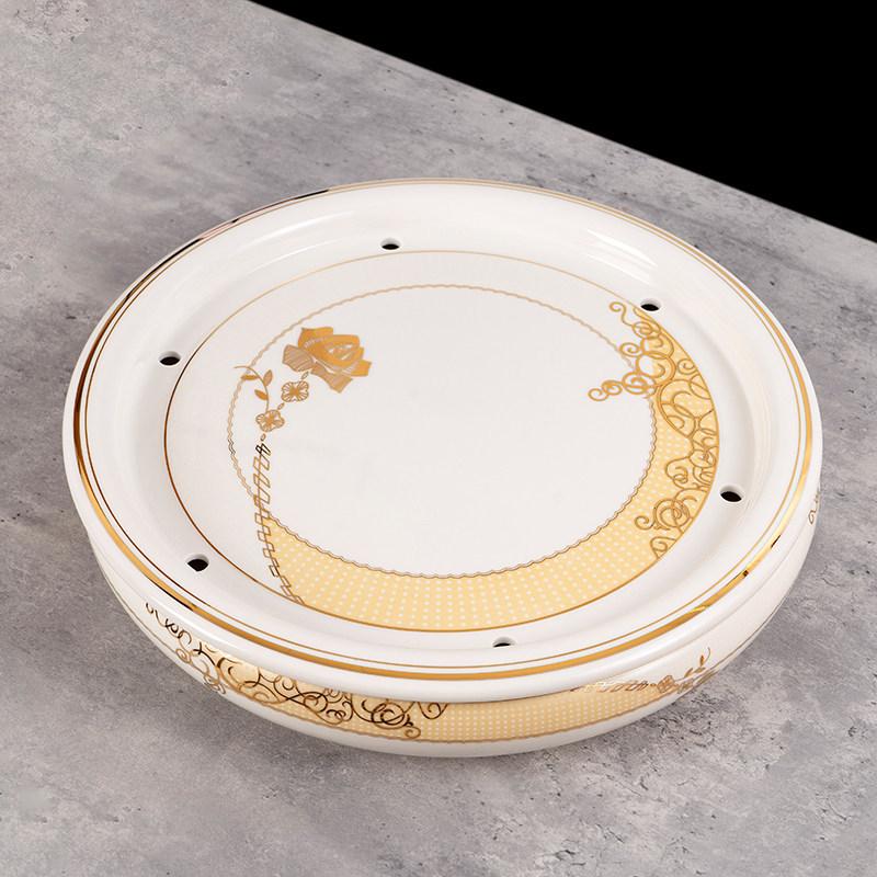14-inch Ceramic Round Tea Tray for Gongfu Tea, with Double-Layer Water Storage
