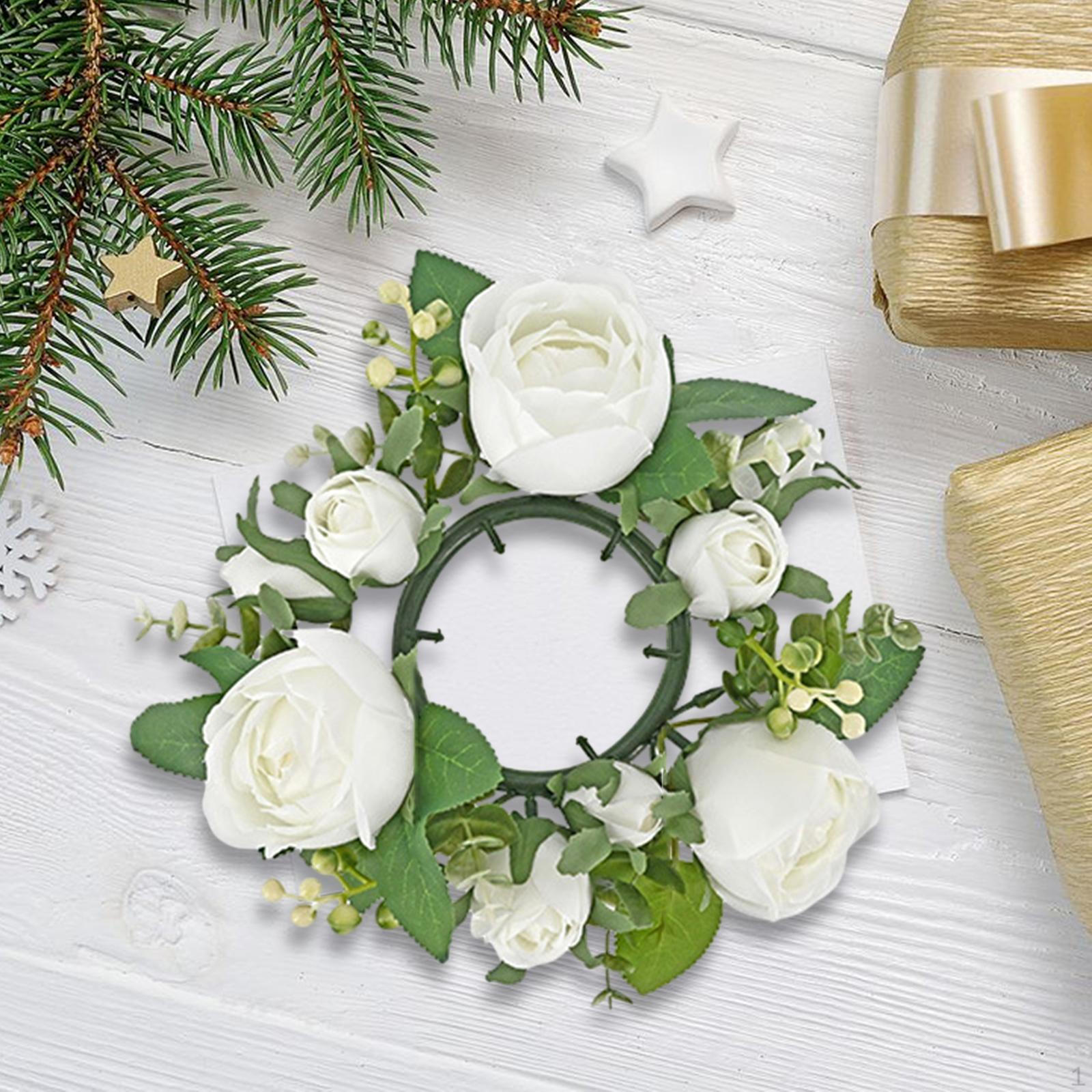 

Artificial Candle Ring Wreath, Green Roses Pillar Holder for Wedding Pink