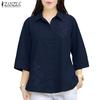 ZANZEA Women Turn Down Collar 3/4 Sleeve Loose Splice Blouse