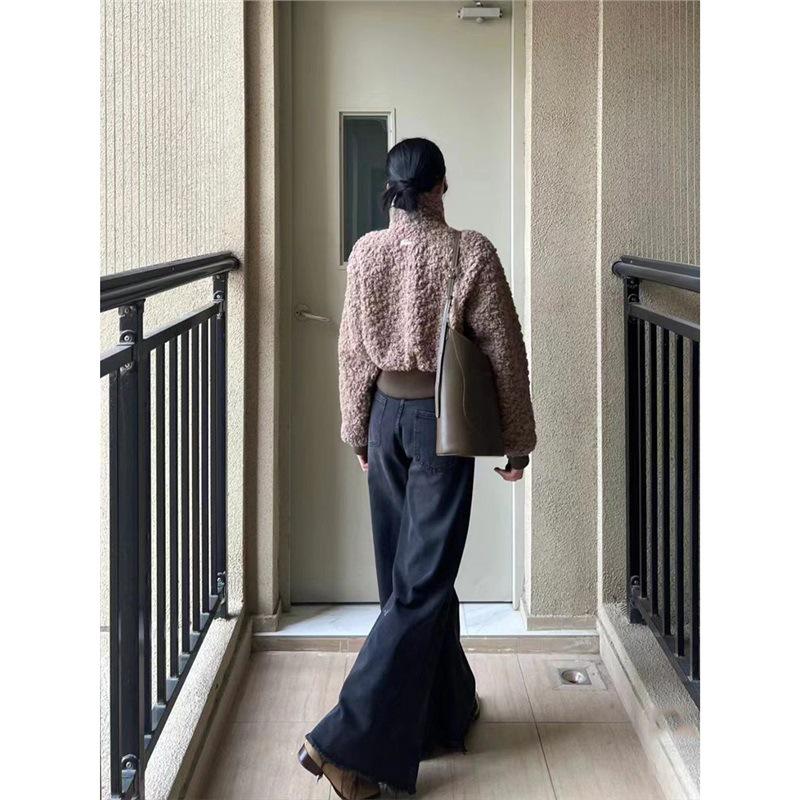 Women's Wide-Leg Frayed Edge Jeans: Autumn/Winter Floor-Length, Slimming Straight-Leg Design