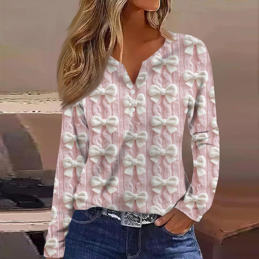 Women's Fashion Casual V-Neck Button-Up Long-Sleeve T-Shirt With Christmas Print Top