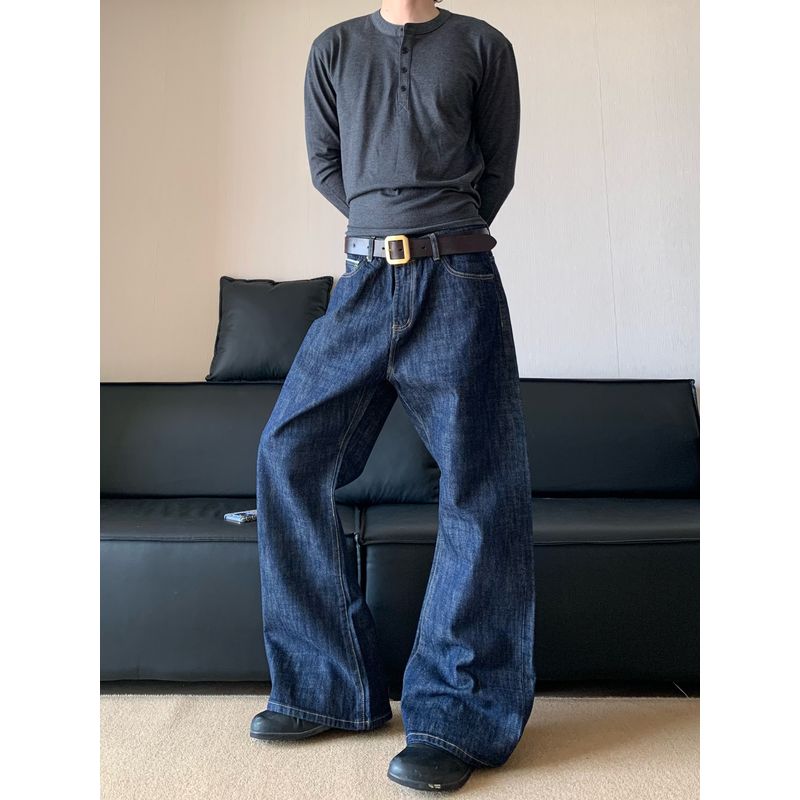 Cabbage Coke Stiff Dark Blue A-Line Slightly Curved Knife-Cut Jeans for Men and Women, Autumn Silhouette Raw Denim Wide-Leg Pants