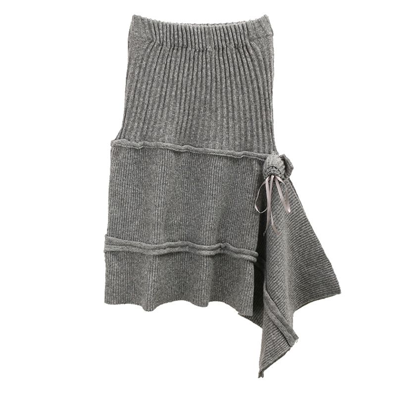 Artistic Retro Knitted Skirt Women's Autumn and Winter Irregular Design Rose Ribbon A Word Long dress