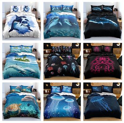 3D Ocean Animal Theme Bedding Set Whale/Jellyfish/Other Down Duvet Cover and Pillow Case Microfiber Fabric Washable Room Home Decoration