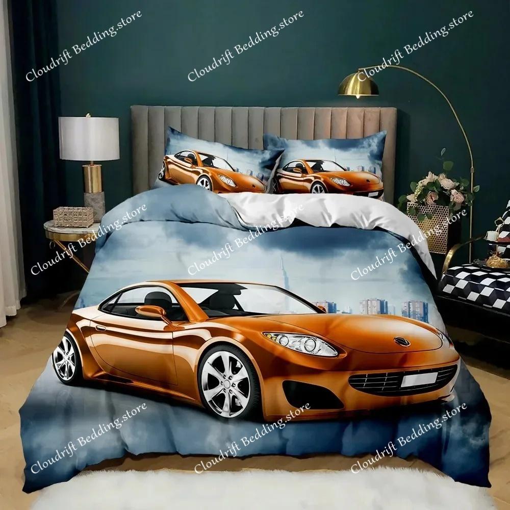 Race Car Duvet Cover Set King Queen Twin Size Red Flame Comforter Cover 3D Sport Car Theme for Boys Girl Polyester Bedding Set