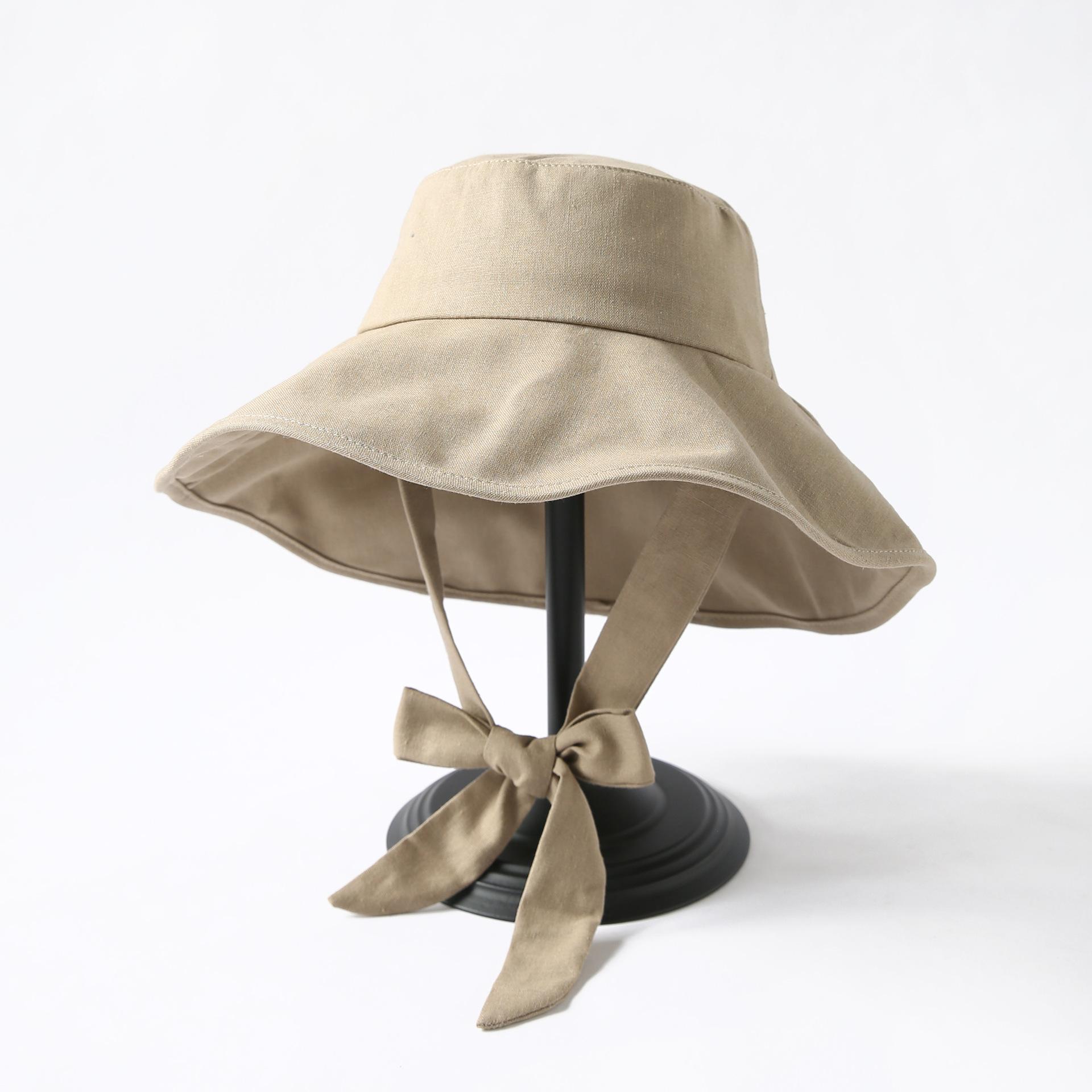 

Summer Spring Japan Tie Bucket Hat Women Korean Big Brim Fisherman Hat Foldable Sunscreen Chic Cotton Linen Beach Sun Hat