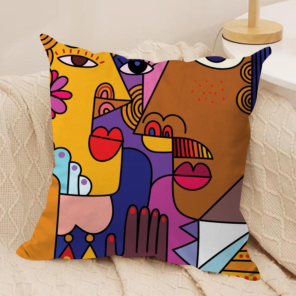 Colorful Abstract Faces Cushion Cover Silky Short Plush Sofa Pillow Cover Hidden Zipper Soft Dustproof Case for Home Decor