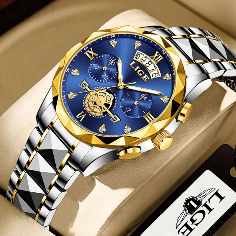 LIGE Classic Luxury Quartz Man Watch Calendar Display Fashion Waterproof Luminous Watches for Men Business Stainless Steel Clock