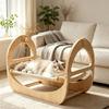 Wooden Cat Swing Bed Curved Frame Suspended Hammock Textile Hanging