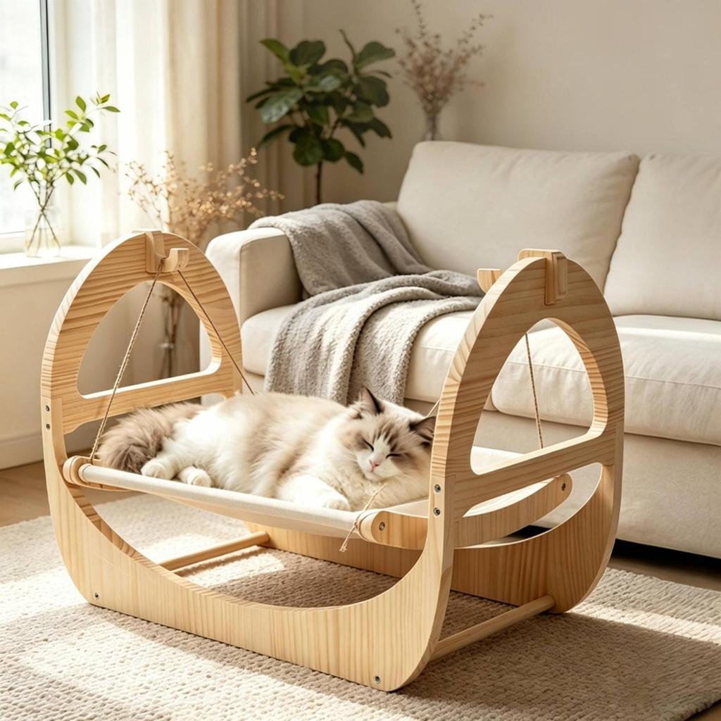Wooden Cat Swing Bed Curved Frame Suspended Hammock Textile Hanging