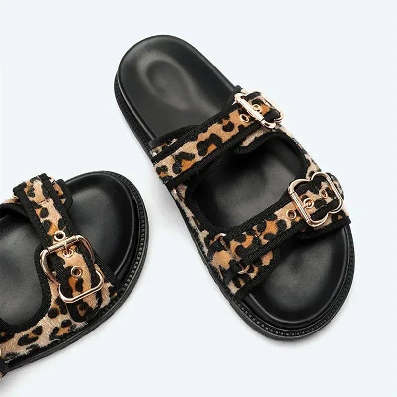 Leopard Metal Buckle Design Women Slippers Sexy Comfort Non Slip Slide Sandals 2025 Summer Platform Flip Flops