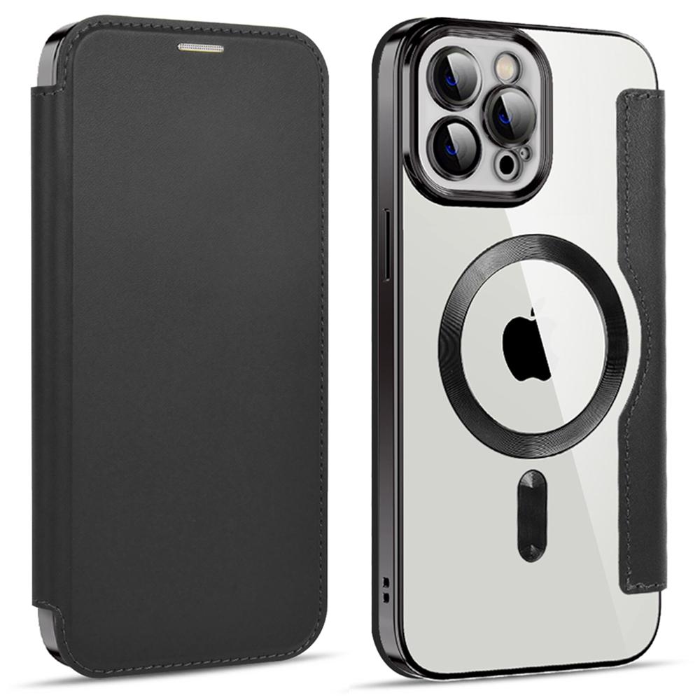 For iPhone 11 Pro Max 6.5 inch Compatible with MagSafe RFID Blocking Card Slots PU Leather+TPU Electroplating Clear Back Flip Case with Lens Film