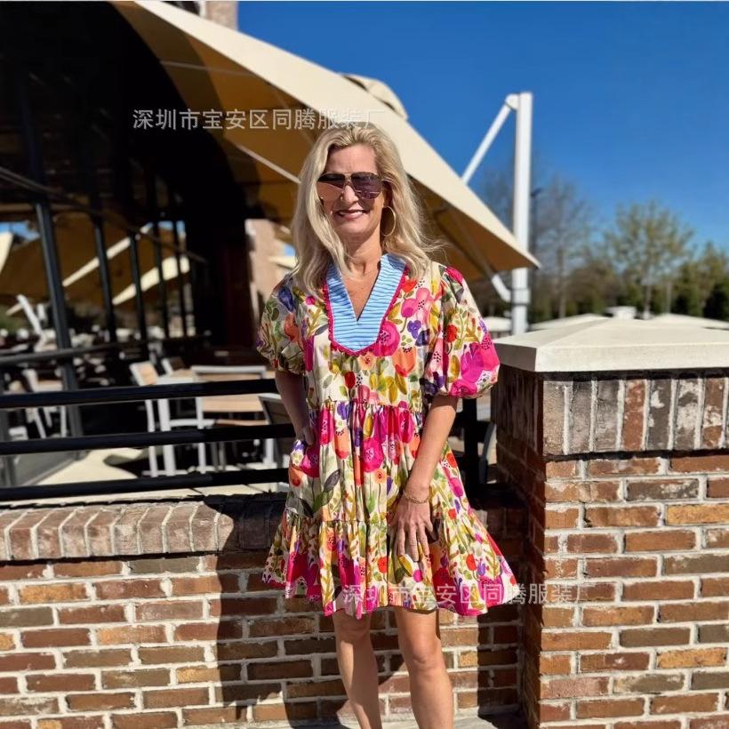 New E-Commerce Loose And Casual Comfortable V-Neck Floral New Printed Dress