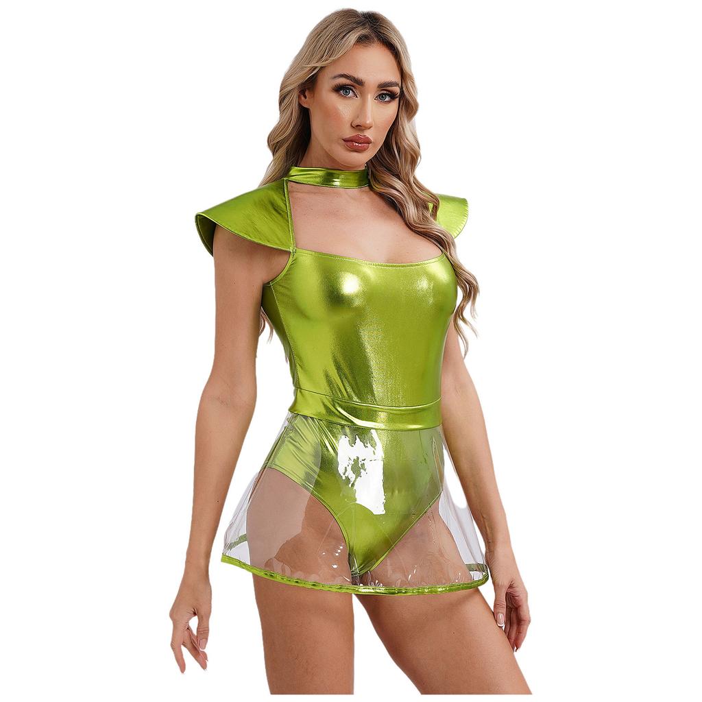Womens Space Alien Cosplay Costume Fly Sleeve Cutout Briefs Bottom PVC Skirt One Piece Bodysuit Carnival Wear